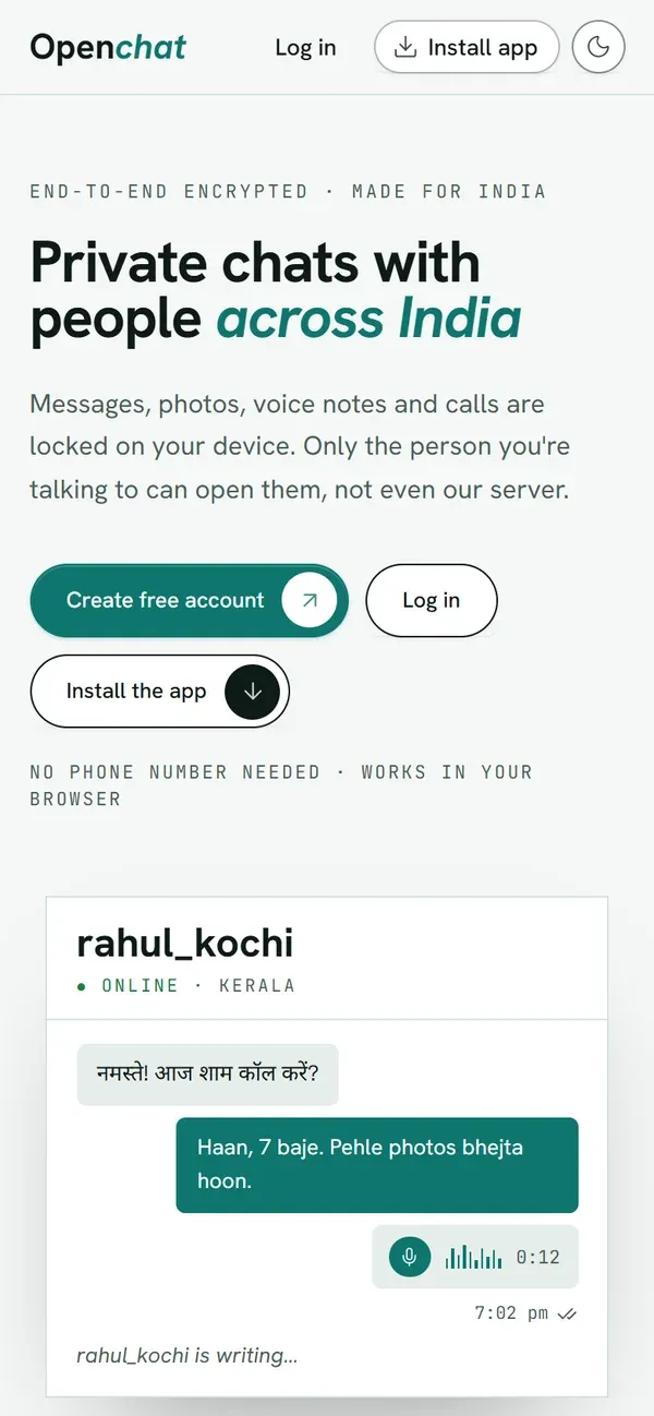 OpenChat homepage on a phone
